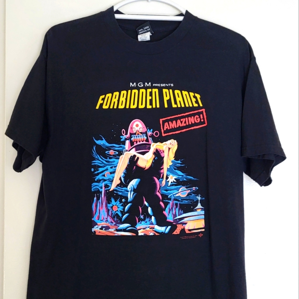 VTG Forbidden Planet Graphic T-Shirt - Black L Movie Comic Promo Tee Y2K